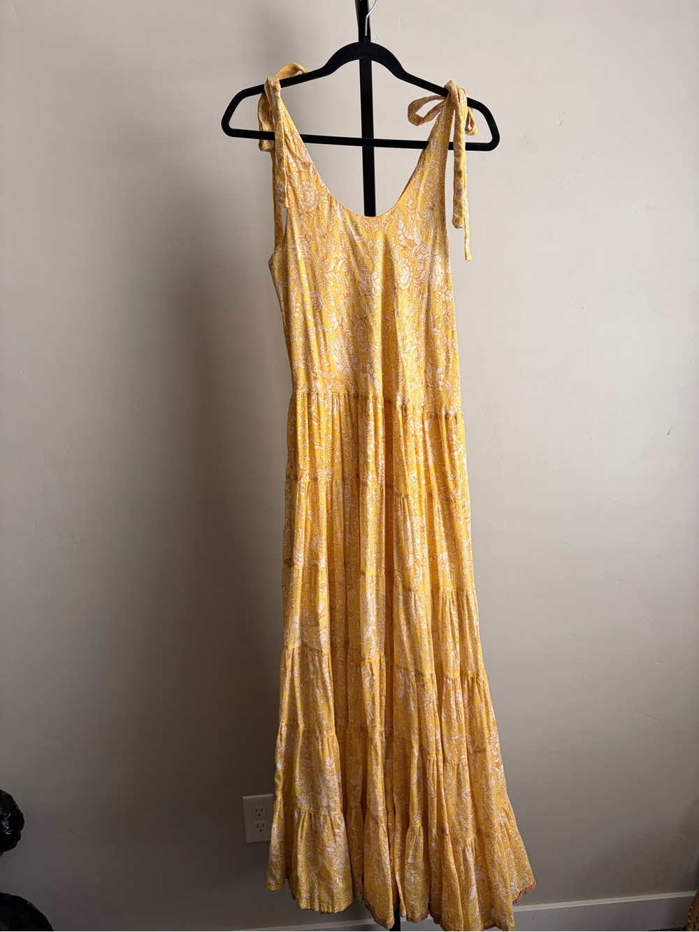 Free People Yellow Floral Tie Strap Tiered Maxi Dress Cottagecore Size L - Picture 2 of 8